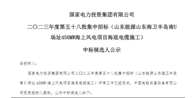 國家電投450MW海上風電項目海底電纜施工中標候選人公示